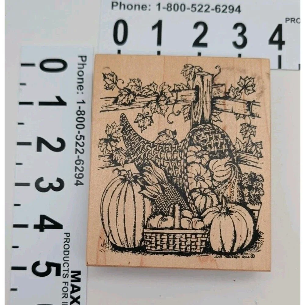 Northwoods Rubber Stamp Harvest Fall Background Pumpkin Apple Fence Mums Corn